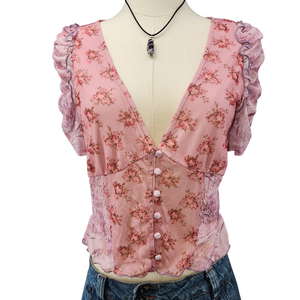 Kimchi Blue Pink Floral Mesh Smocked V-Neck Ruffle Sleeve Top NWT Size M